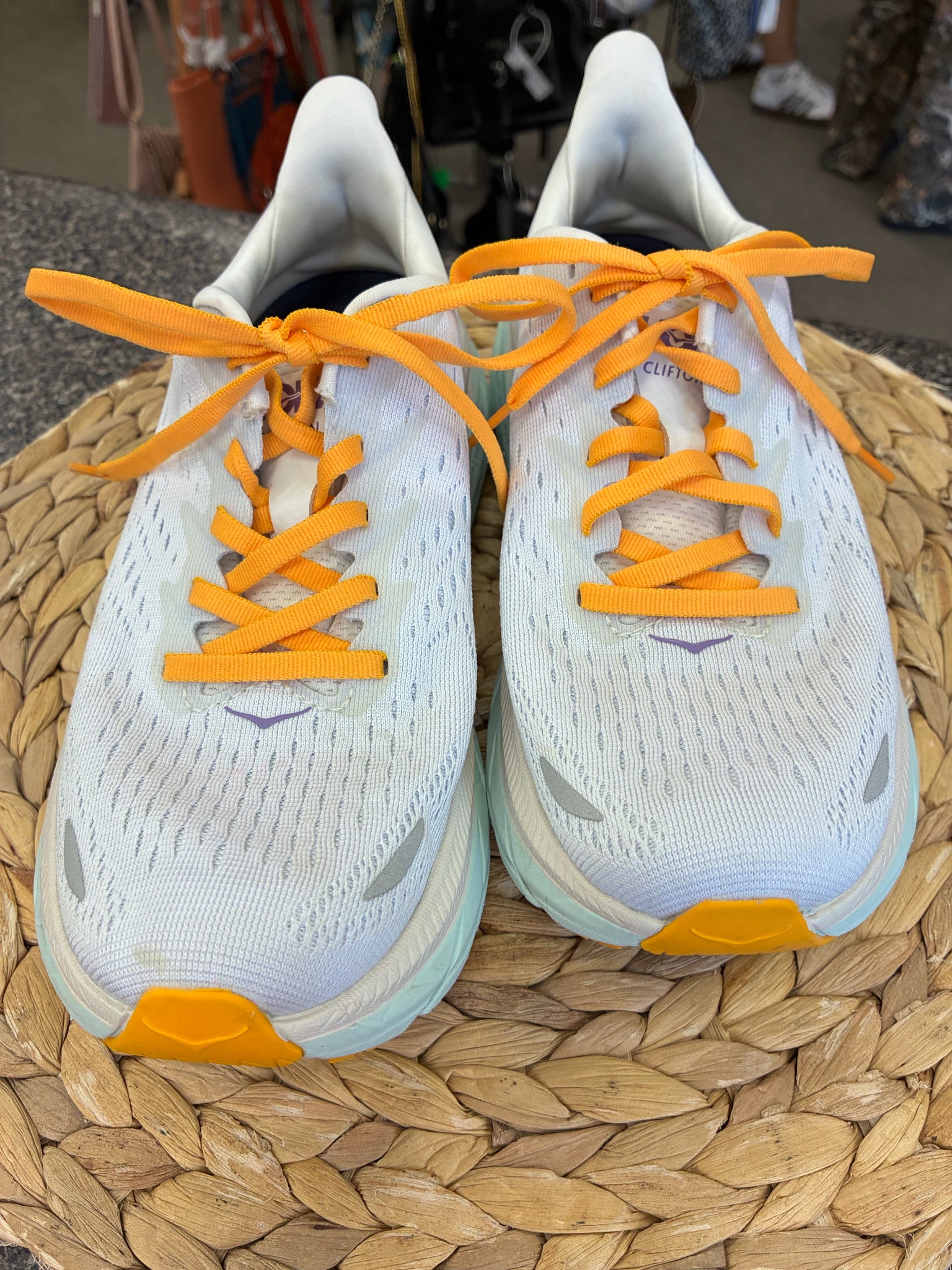 Pre-owned HOKA White Light Green Trim Size 8.5 Designer Sneaker