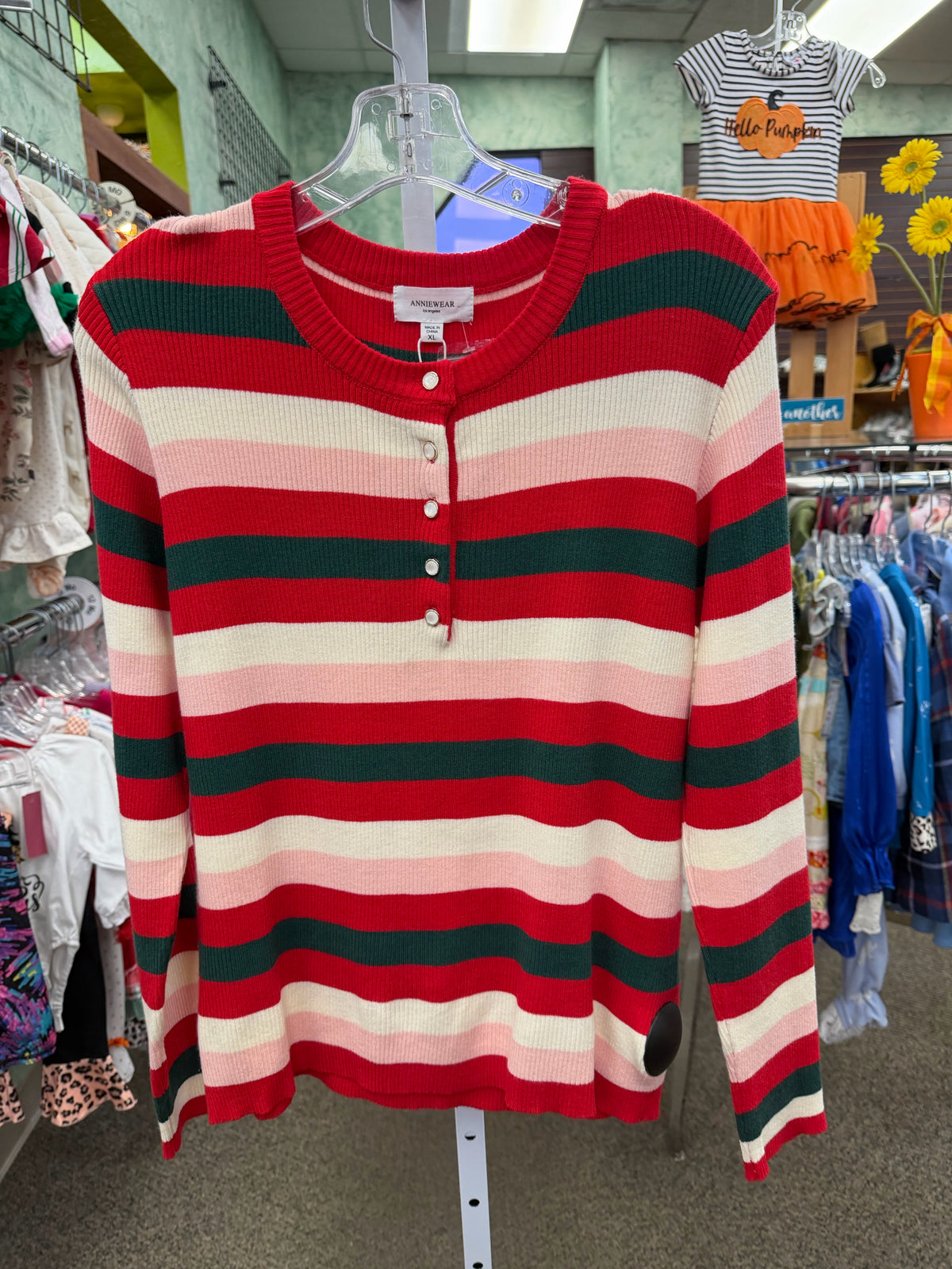 New with Tag ANNIEWEAR Red stripe Green Stripe Size L Long Sleeve Sweater