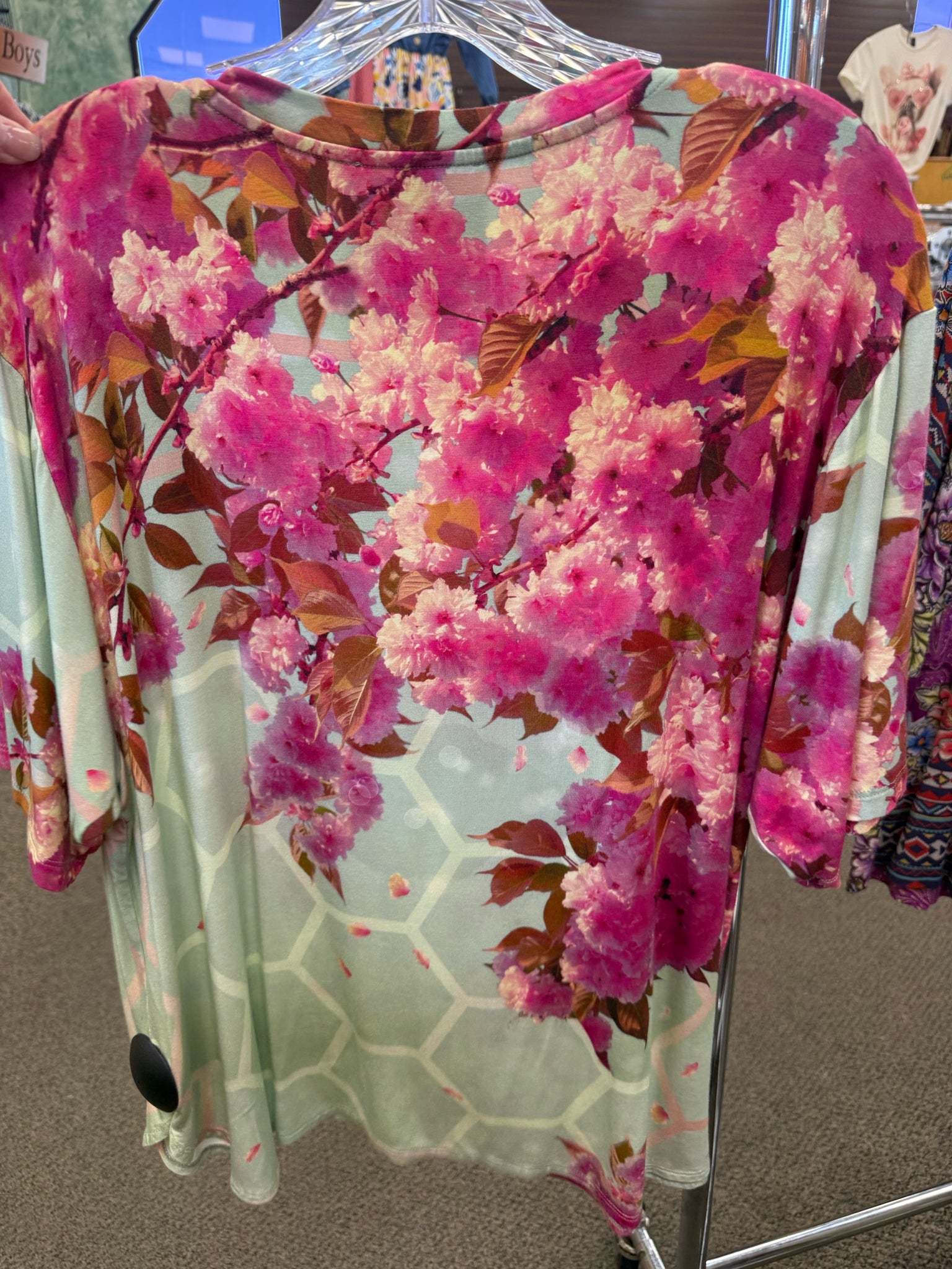 Pre-owned JOHNNY WAS Pink floral Light Green Quarter Sleeve Designer Blouse