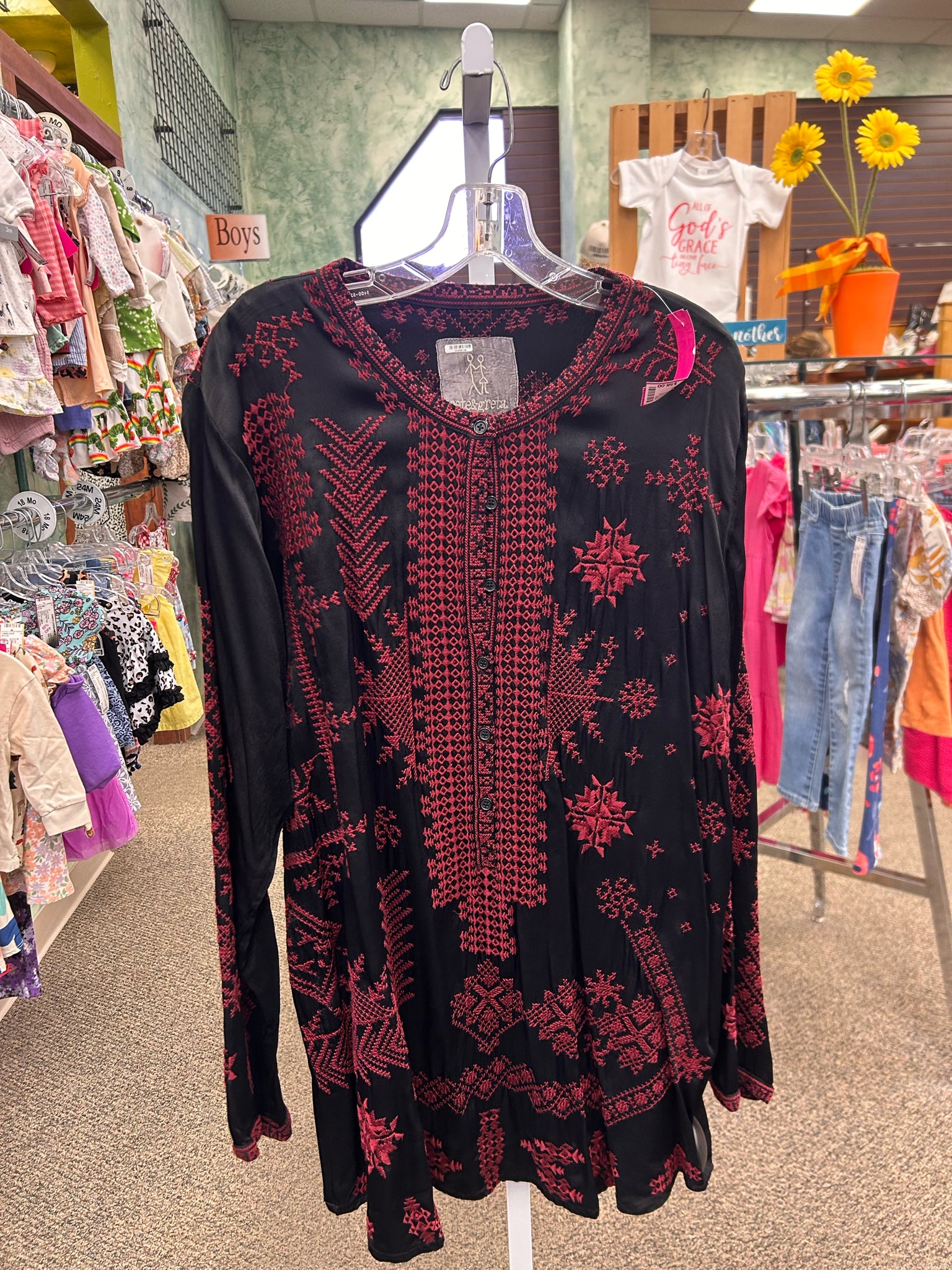 Pre-owned JOHNNY WAS Black Maroon Long Sleeve Size: L Designer Blouse