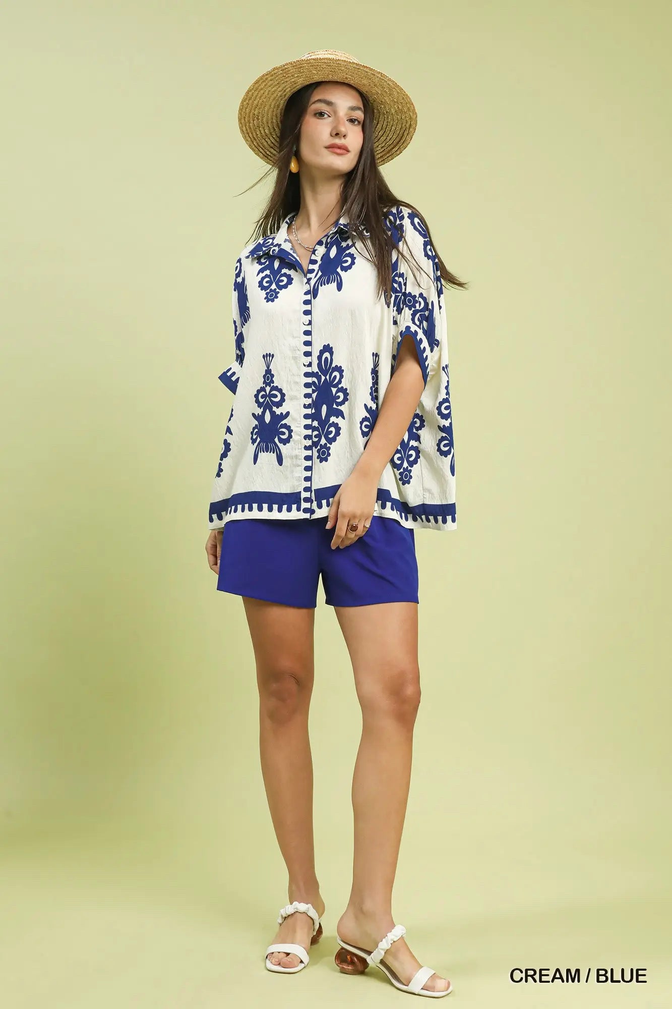 New UMGEE Cream Blue Print Size: S Short Sleeve Blouse
