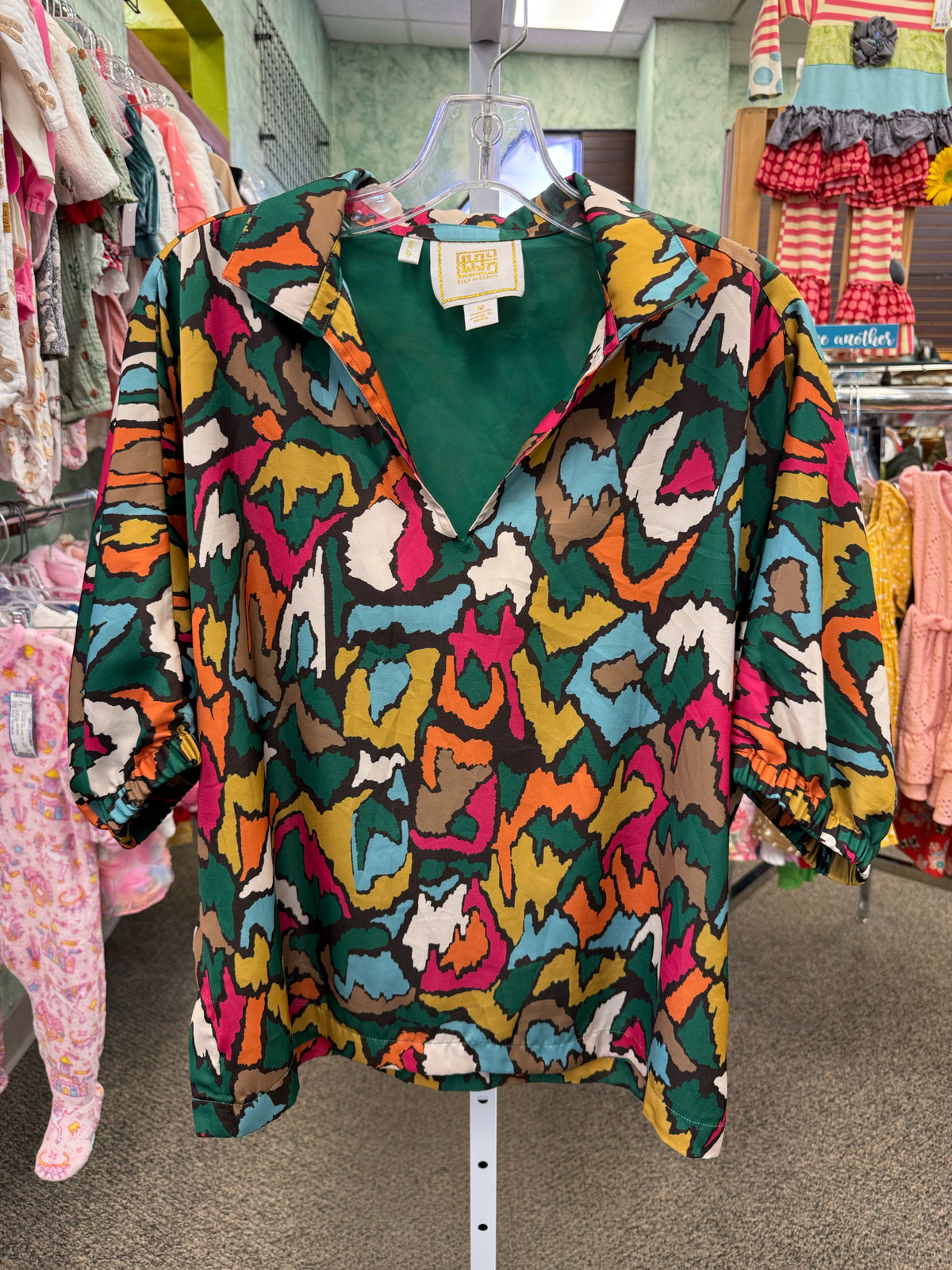 Pre-owned TORY BURCH Dark green Multi Color Quarter Sleeve Designer Blouse