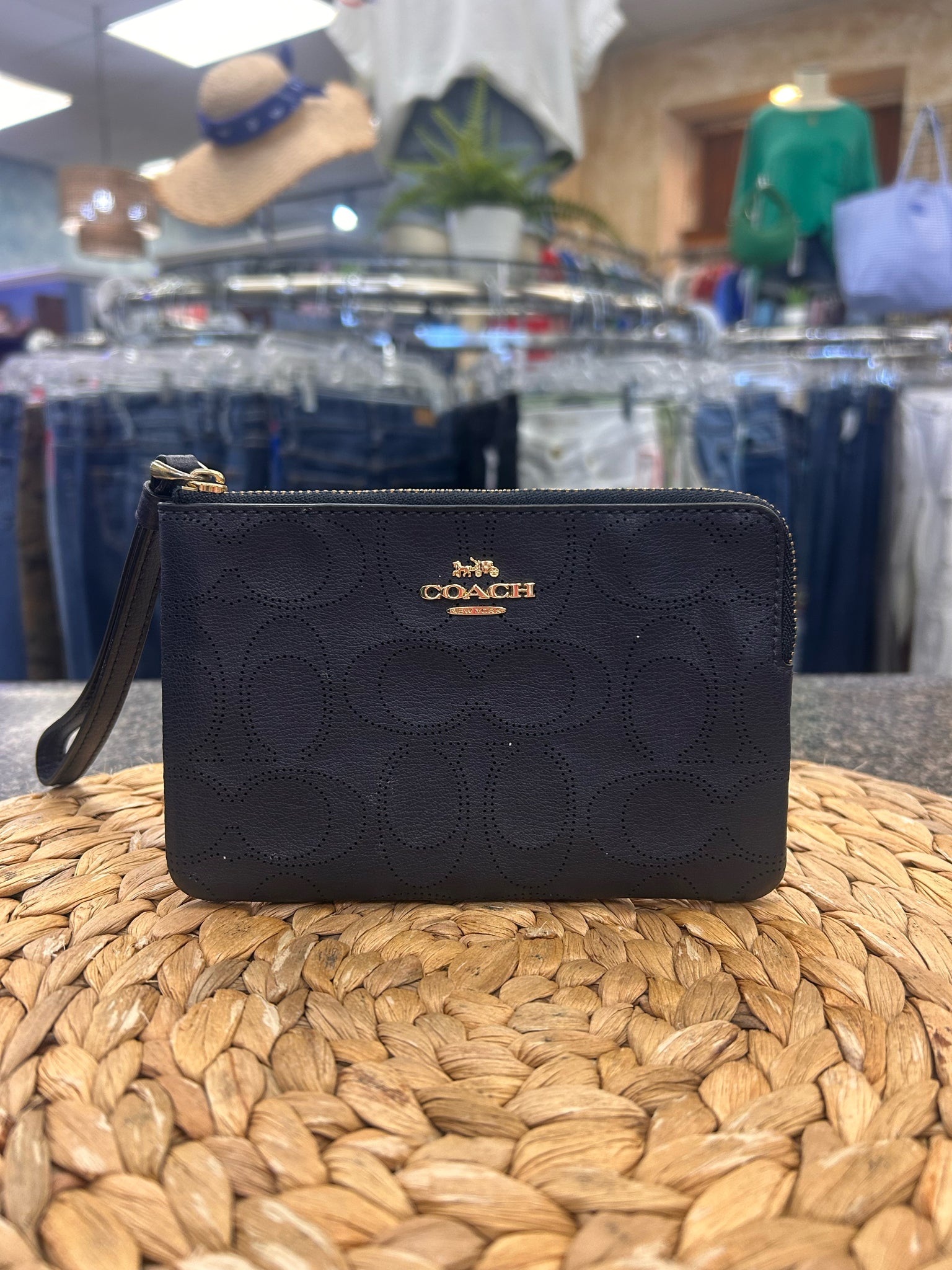 Pre-owned COACH Navy Signature Gold Trim WALLET SIZE X Small Wallet