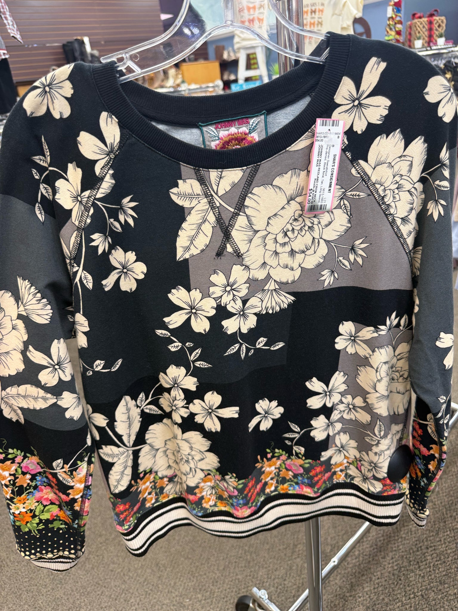 Pre-owned JOHNNY WAS Black floral Tan # SIZE S/M Long Sleeve Designer Sweatshirt