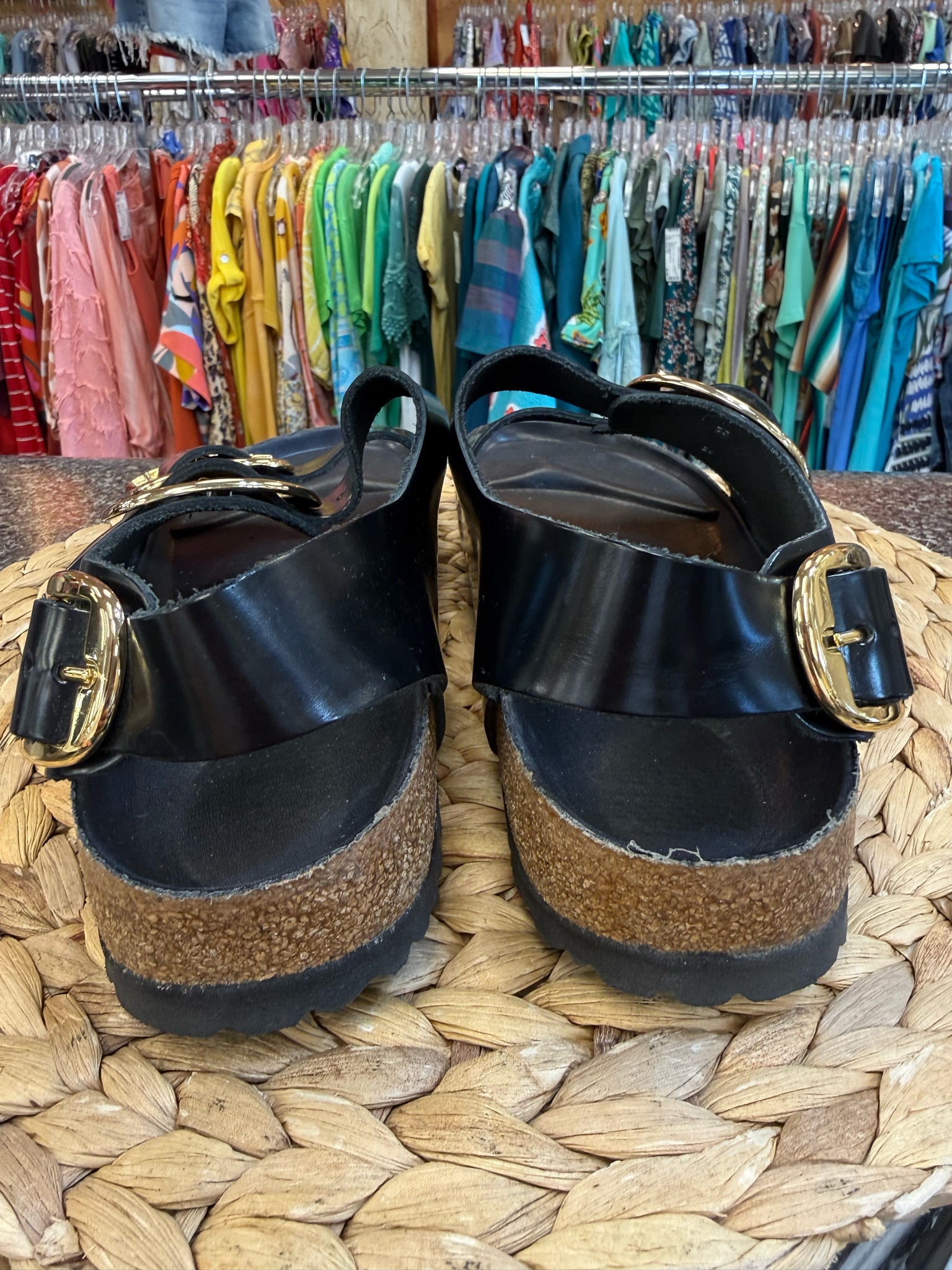 Pre-owned BIRKENSTOCK Black Gold Trim Size 10 Designer Sandal