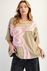 New EASEL Sage Pink Trim Size M/L Short Sleeve Blouse