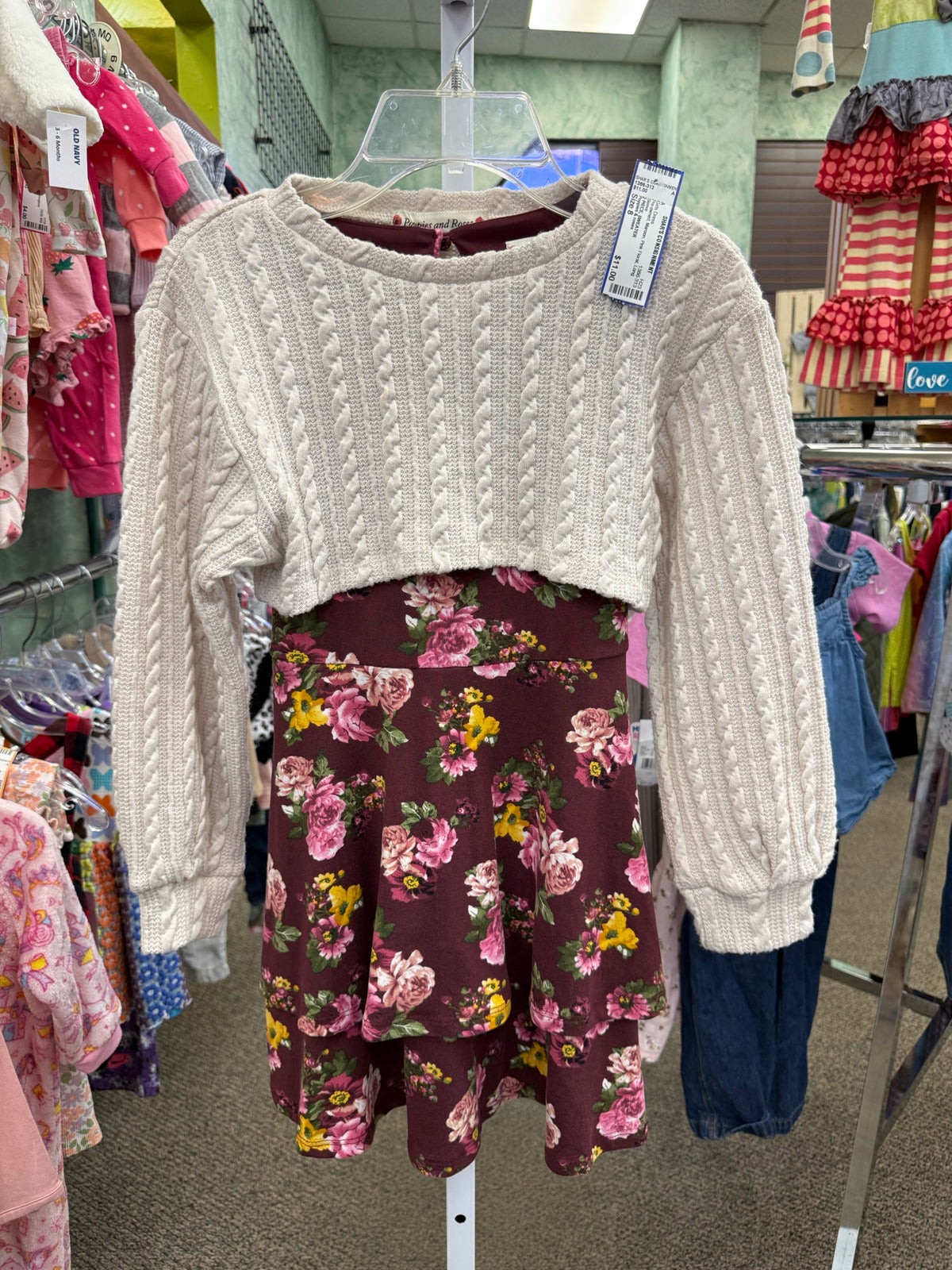 Pre-owned Poppies & roses Maroon Pink Floral GIRLS SZ: 8 Long Sleeve Girls Dress