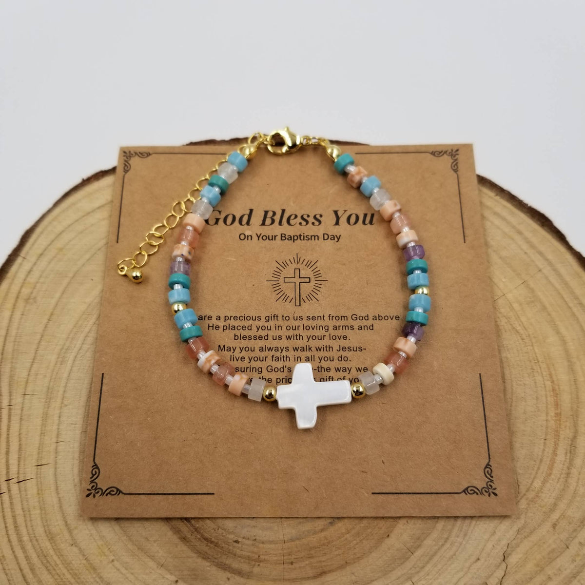 Natural Stone Cross Jesus Bracelet With Blessing Card