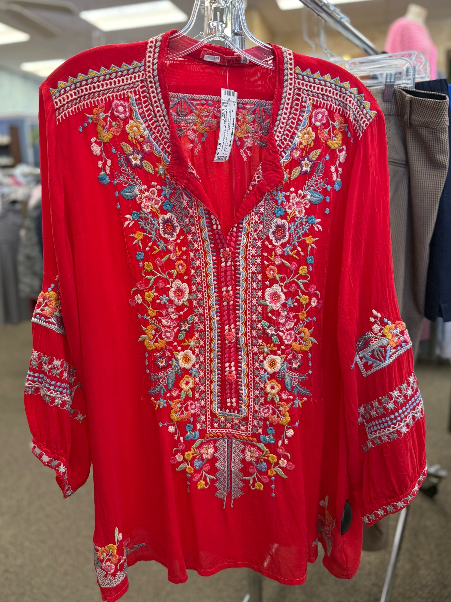 Pre-owned JOHNNY WAS Red Turquoise Long Sleeve Size: L Designer Blouse