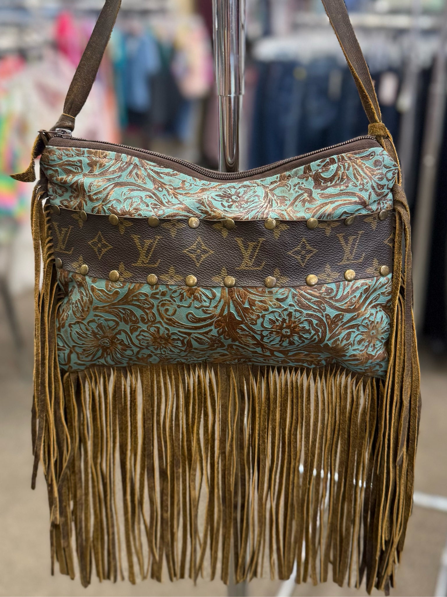 Pre-owned UPCYCLED LV Teal Brown Floral Shoulder Designer Purse