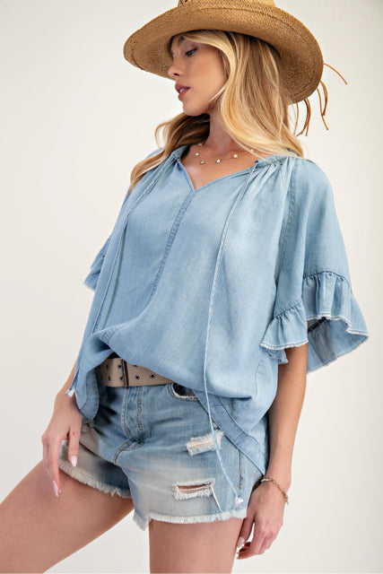 New EASEL Light Denim Size S Short Sleeve Blouse