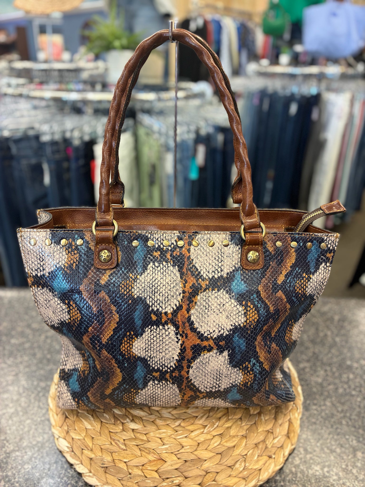 Pre-owned PATRICIA NASH Snakeskin Navy Tote Designer Purse