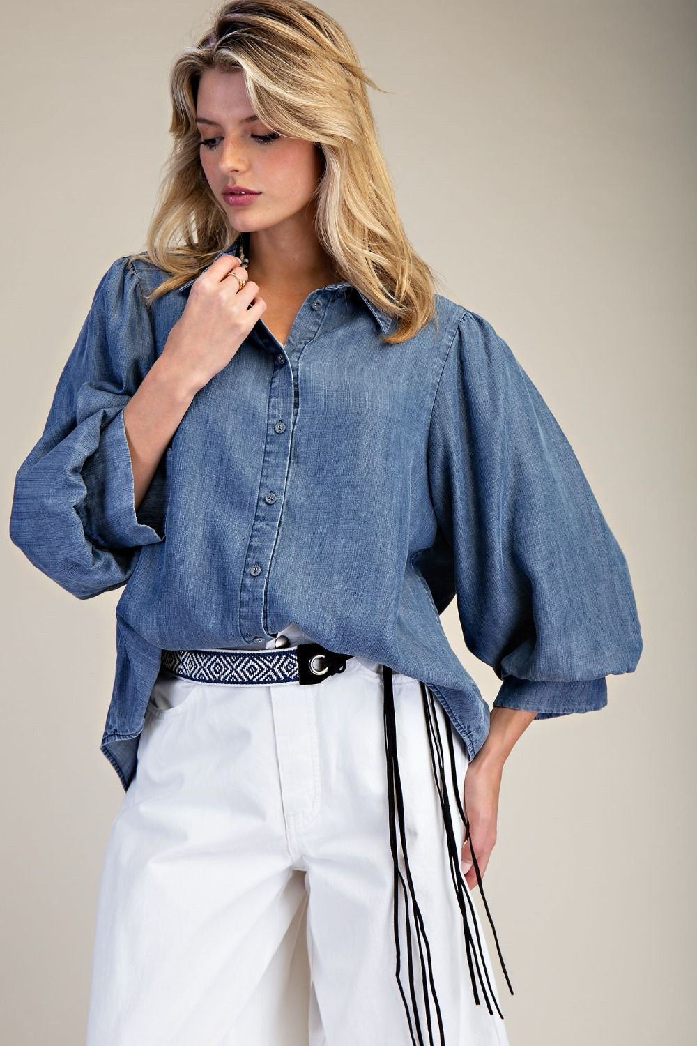 New EASEL Blue Wash Quarter Sleeve Blouse
