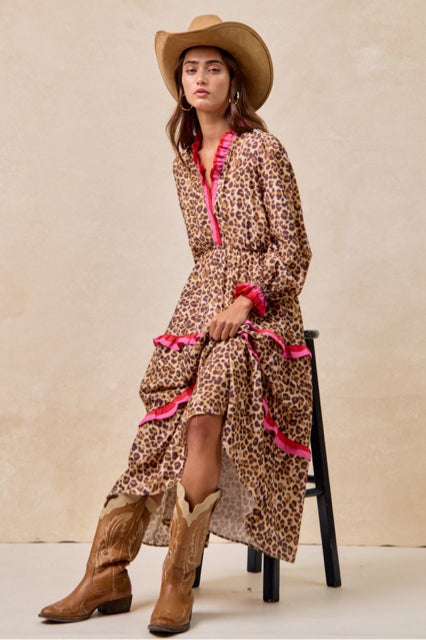 New BIBI Leopard Pink Trim Size Small Long Sleeve Dress