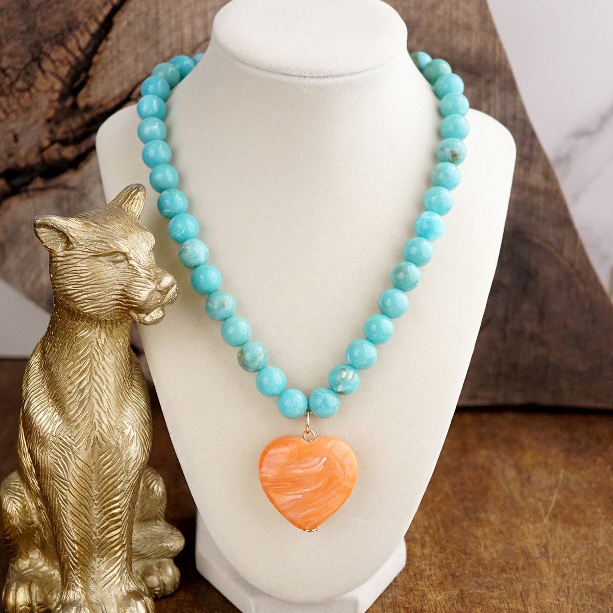Chunky Statement Necklace – Chunky Beaded Heart Pendant Necklace: Turquoise