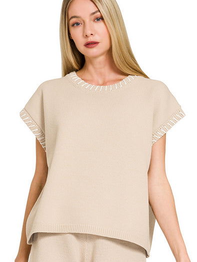 New Zenana Tan Cream Trim Size S Cap Sleeve Sweater