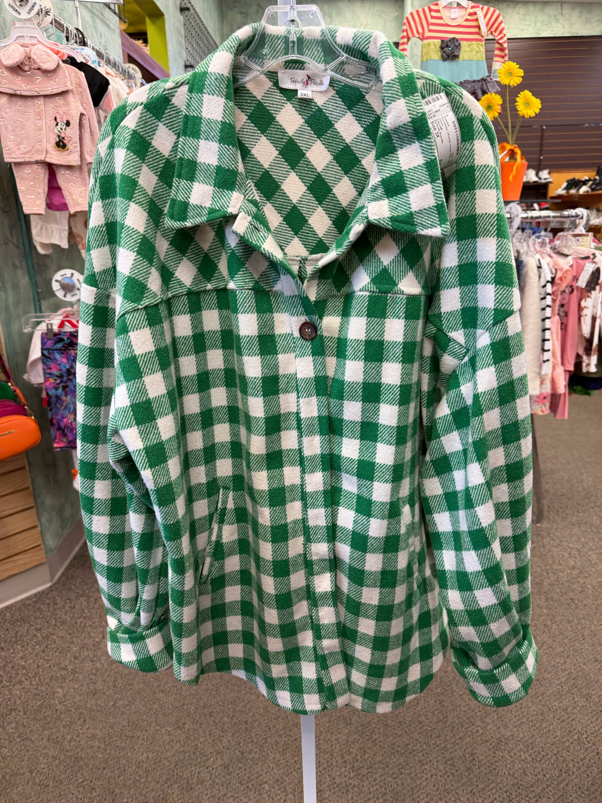 Pre-owned Perfectly Priscilla Off white Green Plaid Size 3X Long Sleeve Shacket
