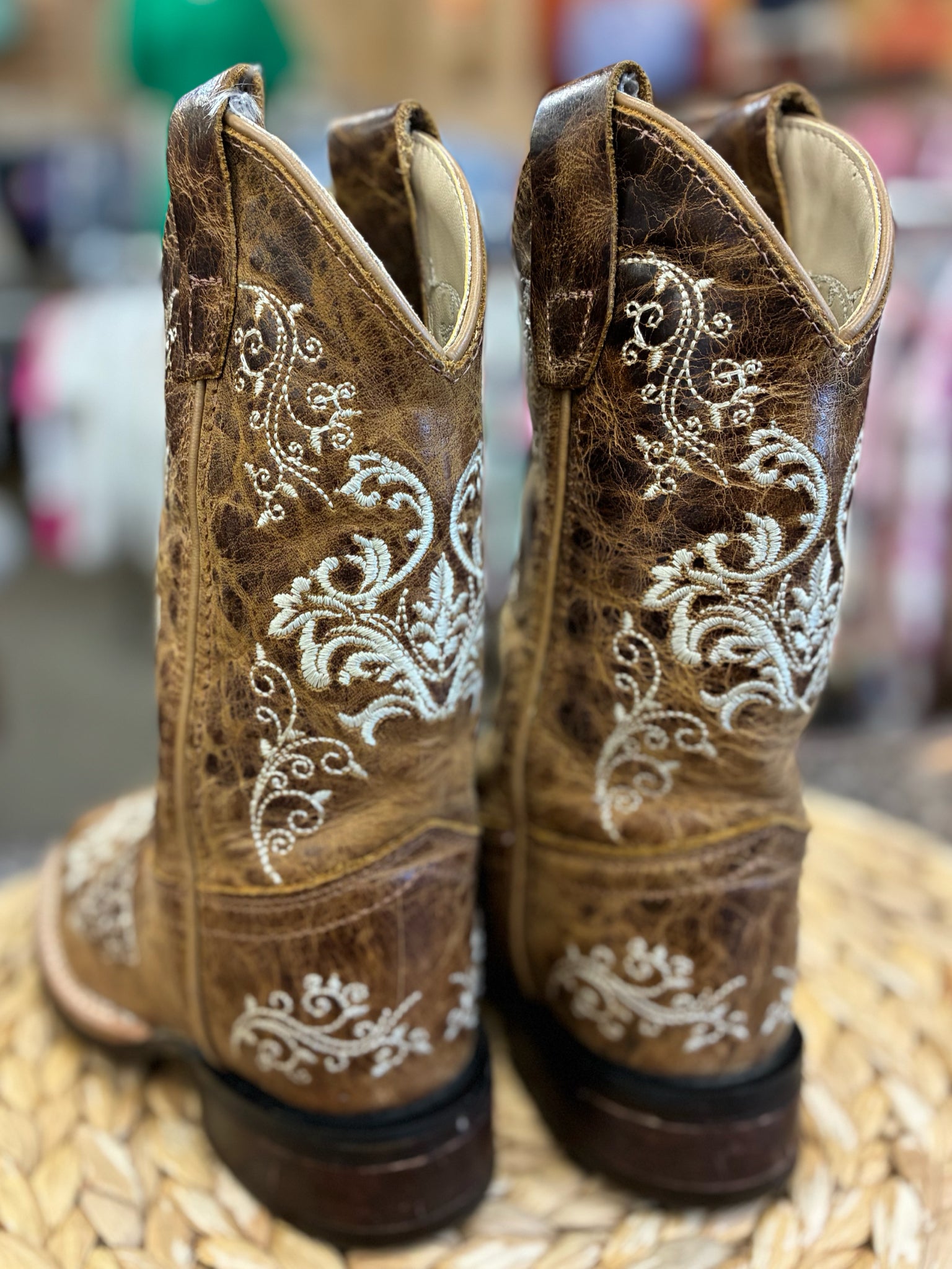 Pre-owned OLD WEST Brown White Floral Shoe Size 9 Girls Boot