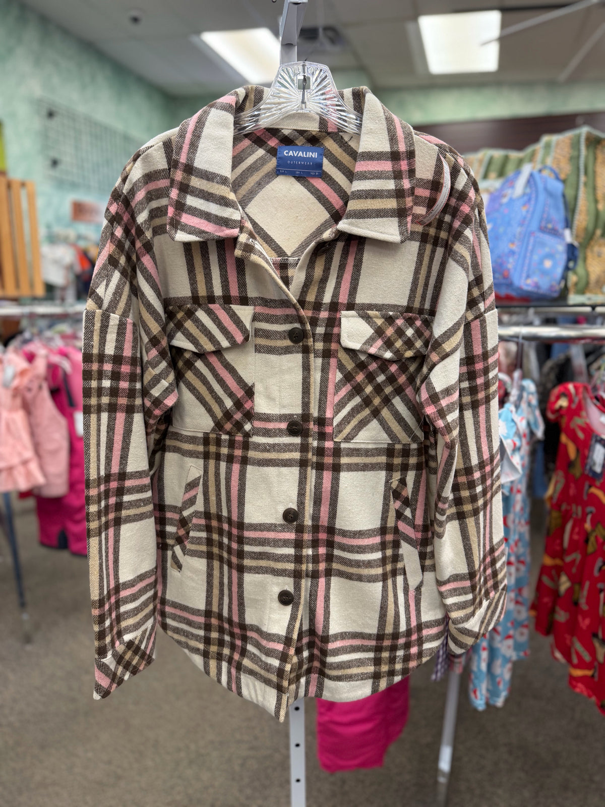Pre-owned CAVALINI Cream Brown Plaid Size L Long Sleeve Shacket