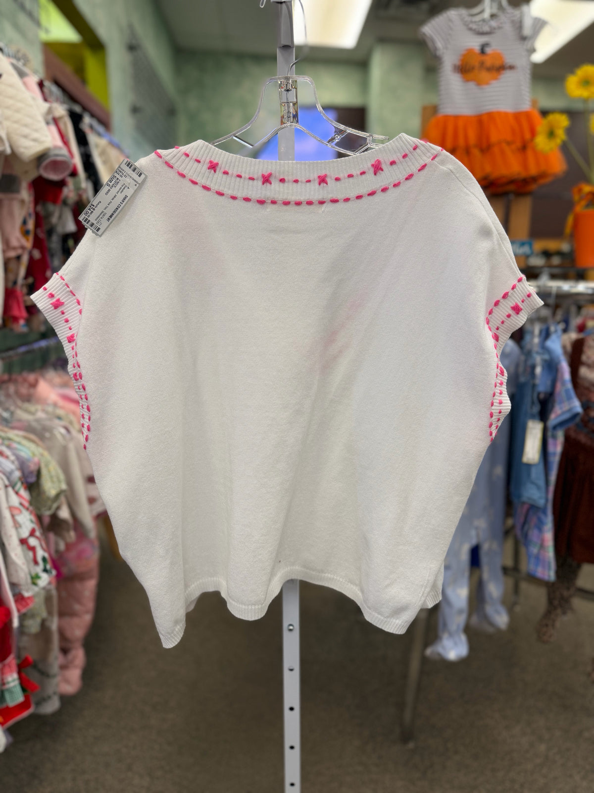 Pre-owned MUSTARD SEED White Pink Trim Size S Sleeveless Sweater