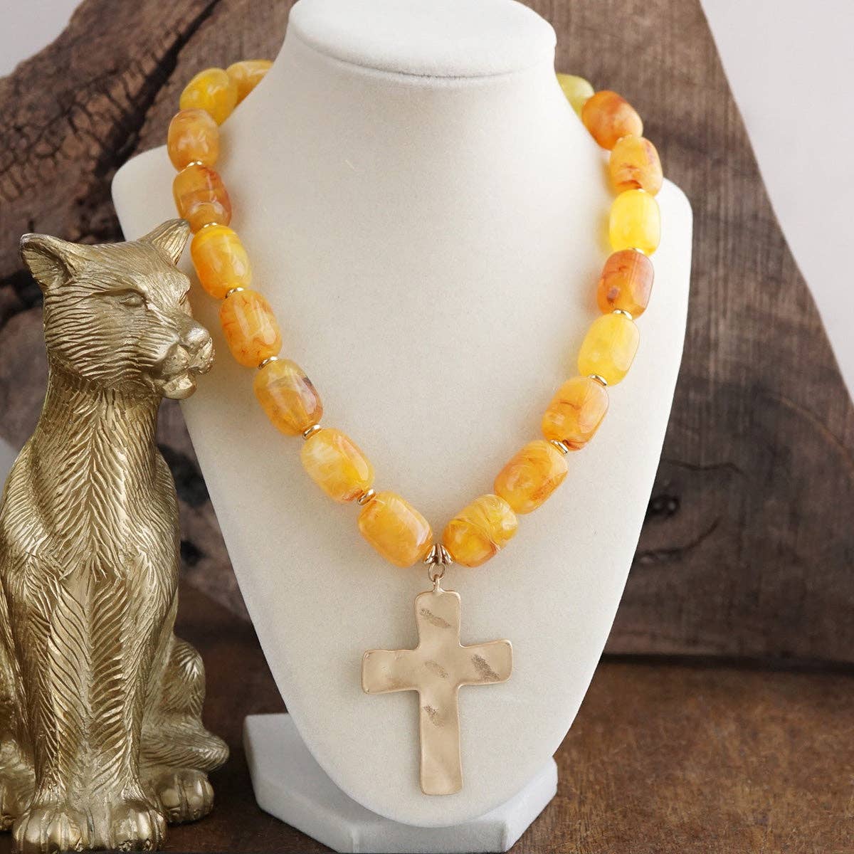Chunky Statement Necklace – Acrylic Beads Gold Cross Necklace: Seaglow Amber