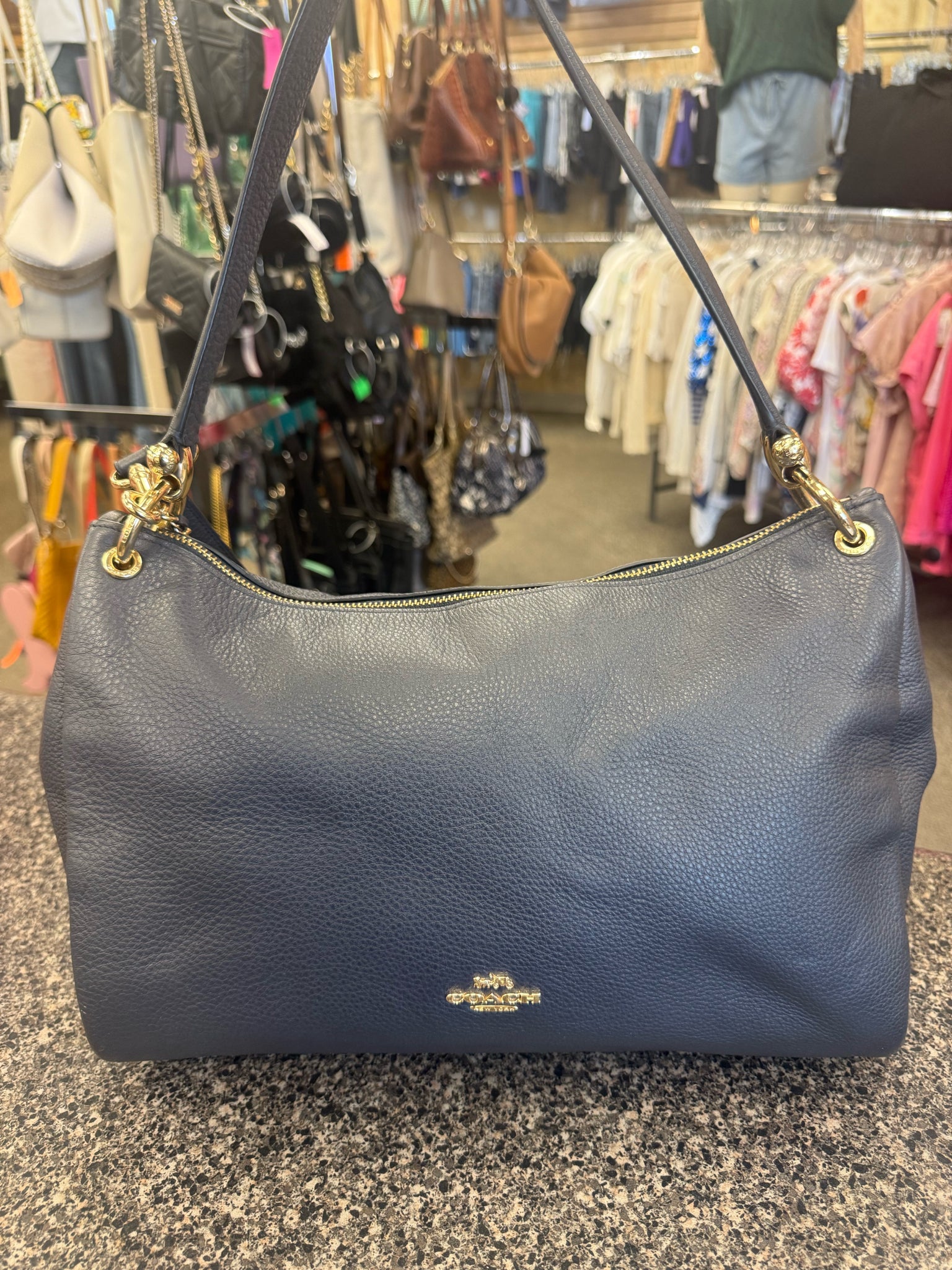 Pre-owned COACH Navy Gold Trim Shoulder Designer Purse