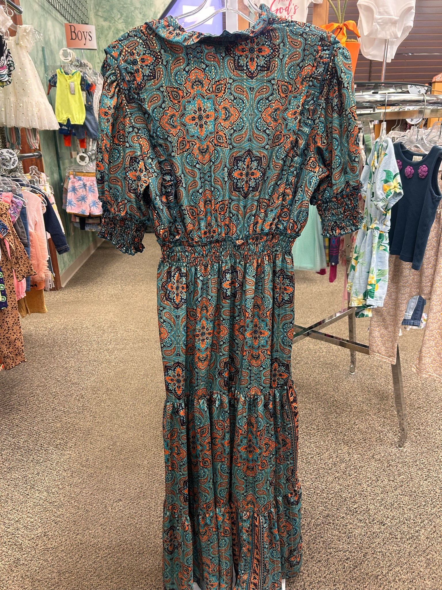 Pre-owned Paani Teal Orange Print Size 8 Short Sleeve Dress