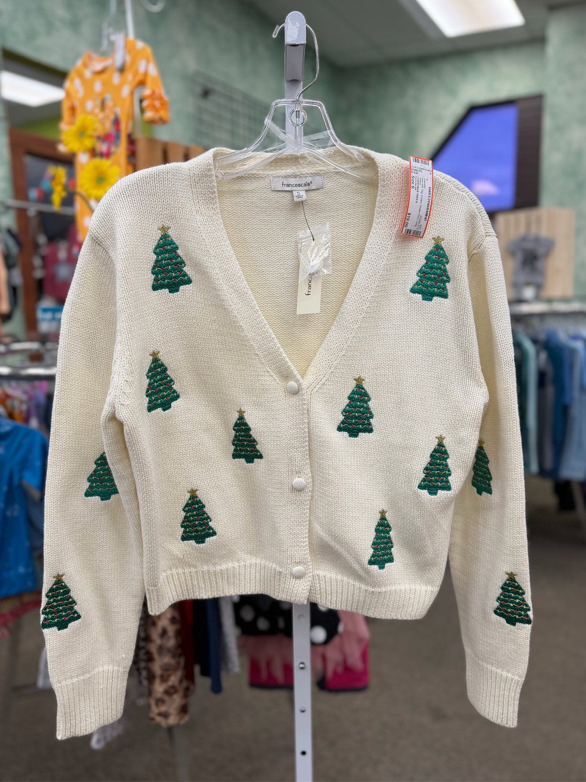 New with Tag francescas Cream Green Print Size S Long Sleeve Sweater