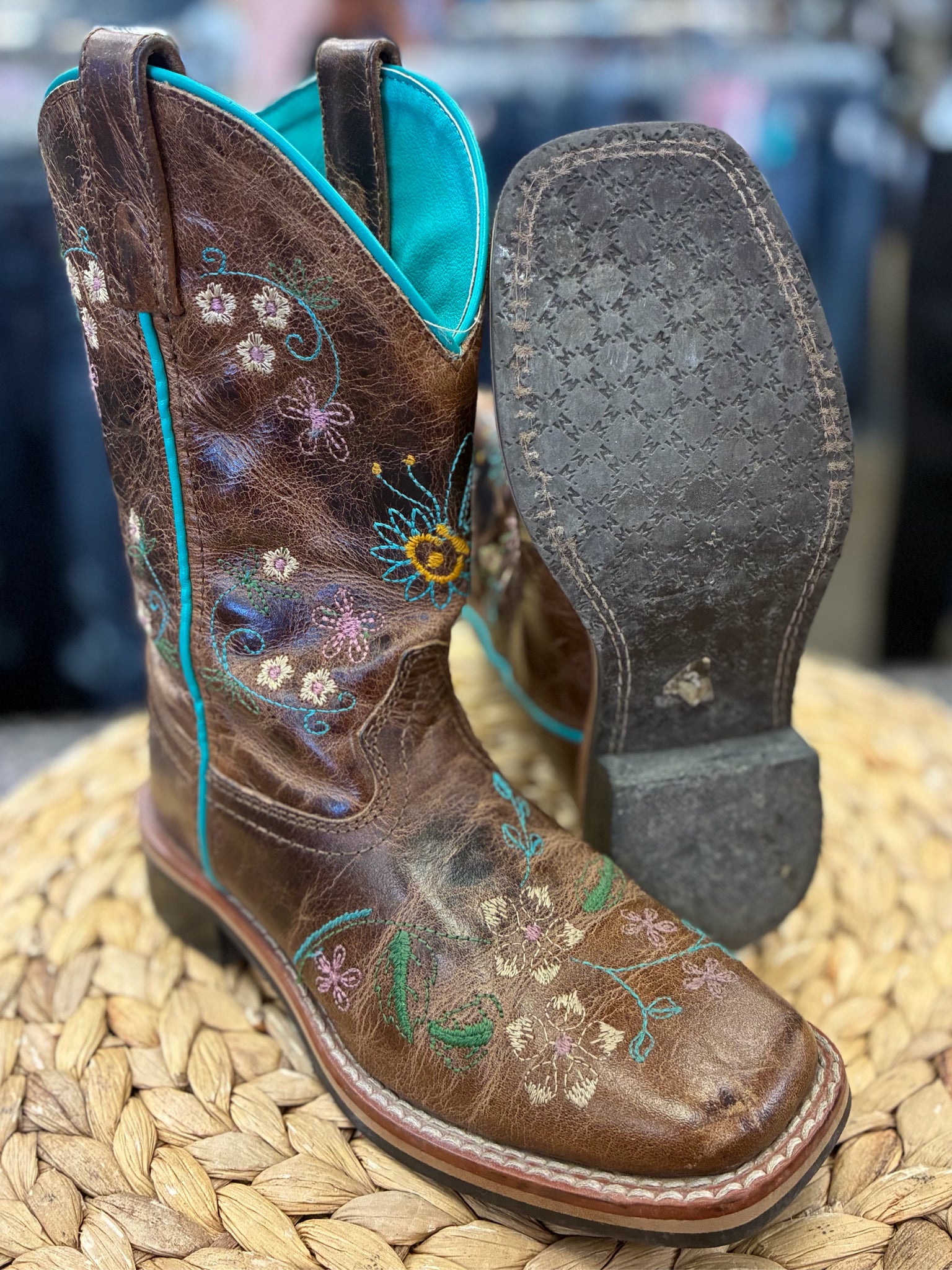 Pre-owned Smoky Mountain Brown Teal Print Shoe Size 13 Girls Boot