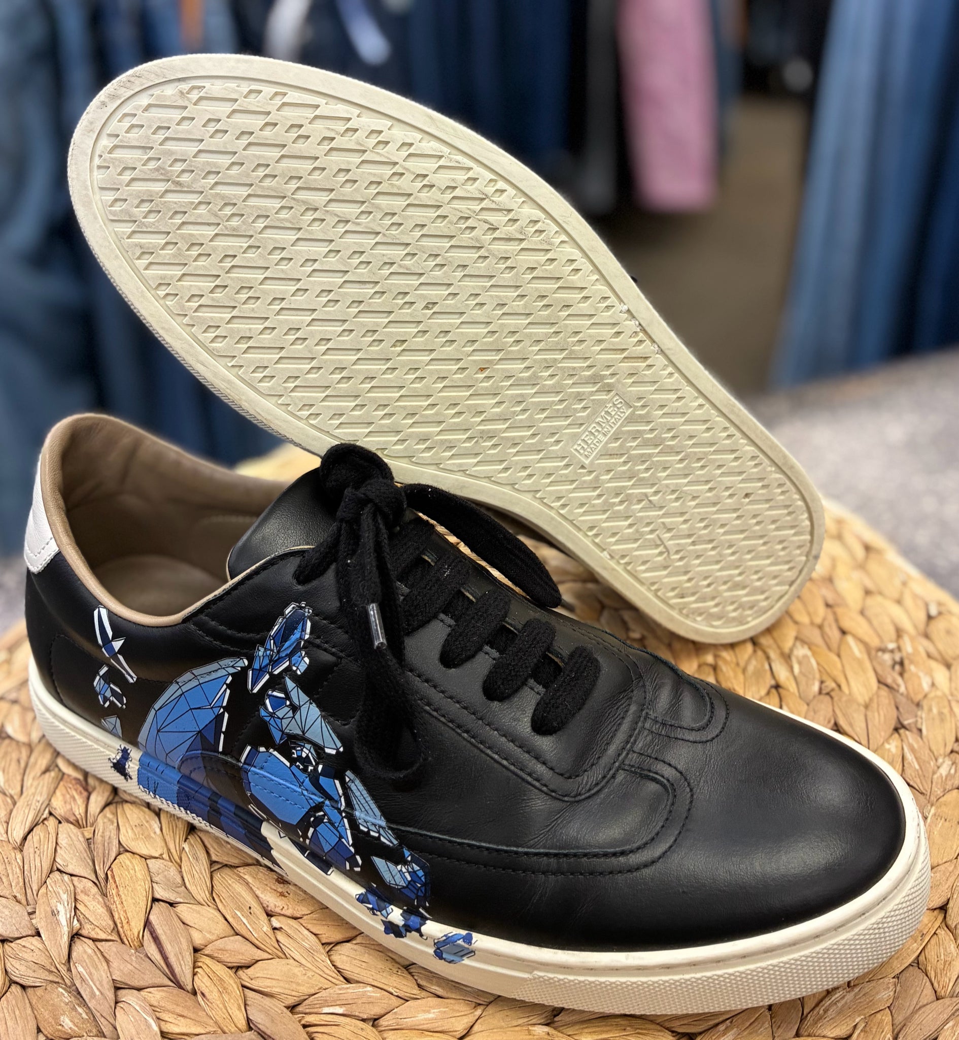 Pre-owned HERMES Black Blue Print SHOE SIZE 6.5 MENS Designer Sneaker