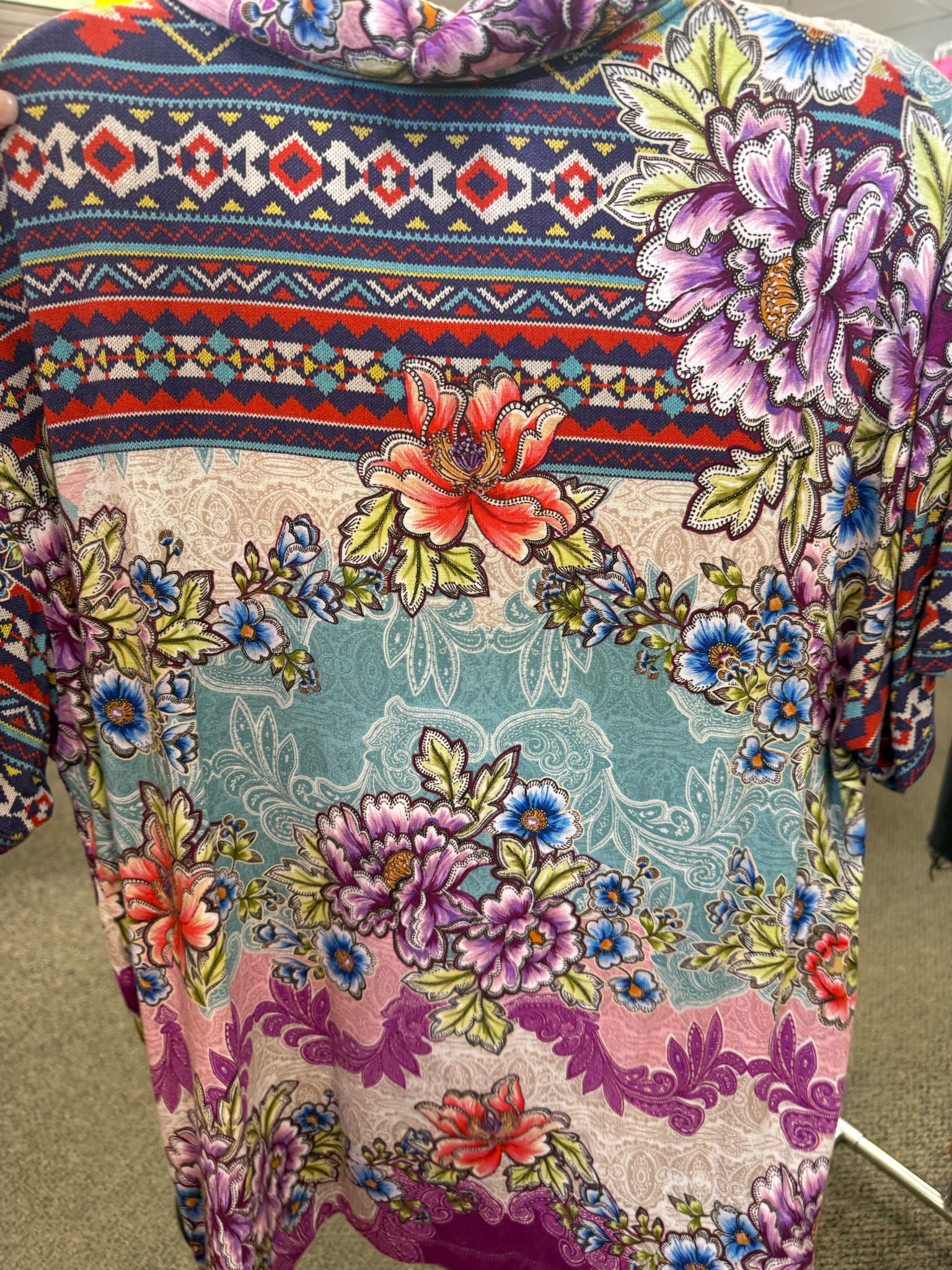 Pre-owned JOHNNY WAS Purple print Multi Floral Short Sleeve Designer Blouse