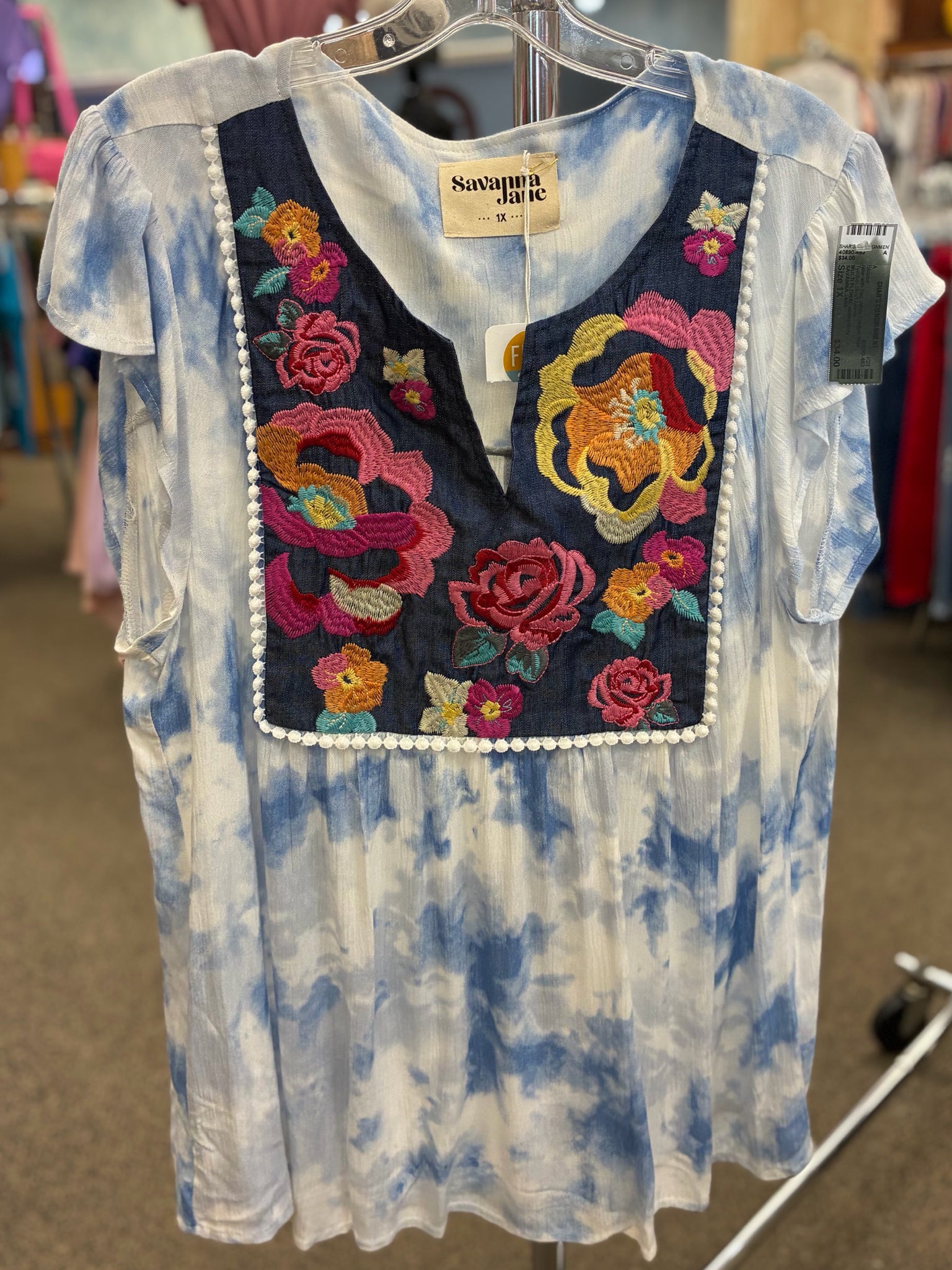 New with Tag SAVANNA JANE White Tyedye Blue Tyedye Size: 1X Short Sleeve Blouse