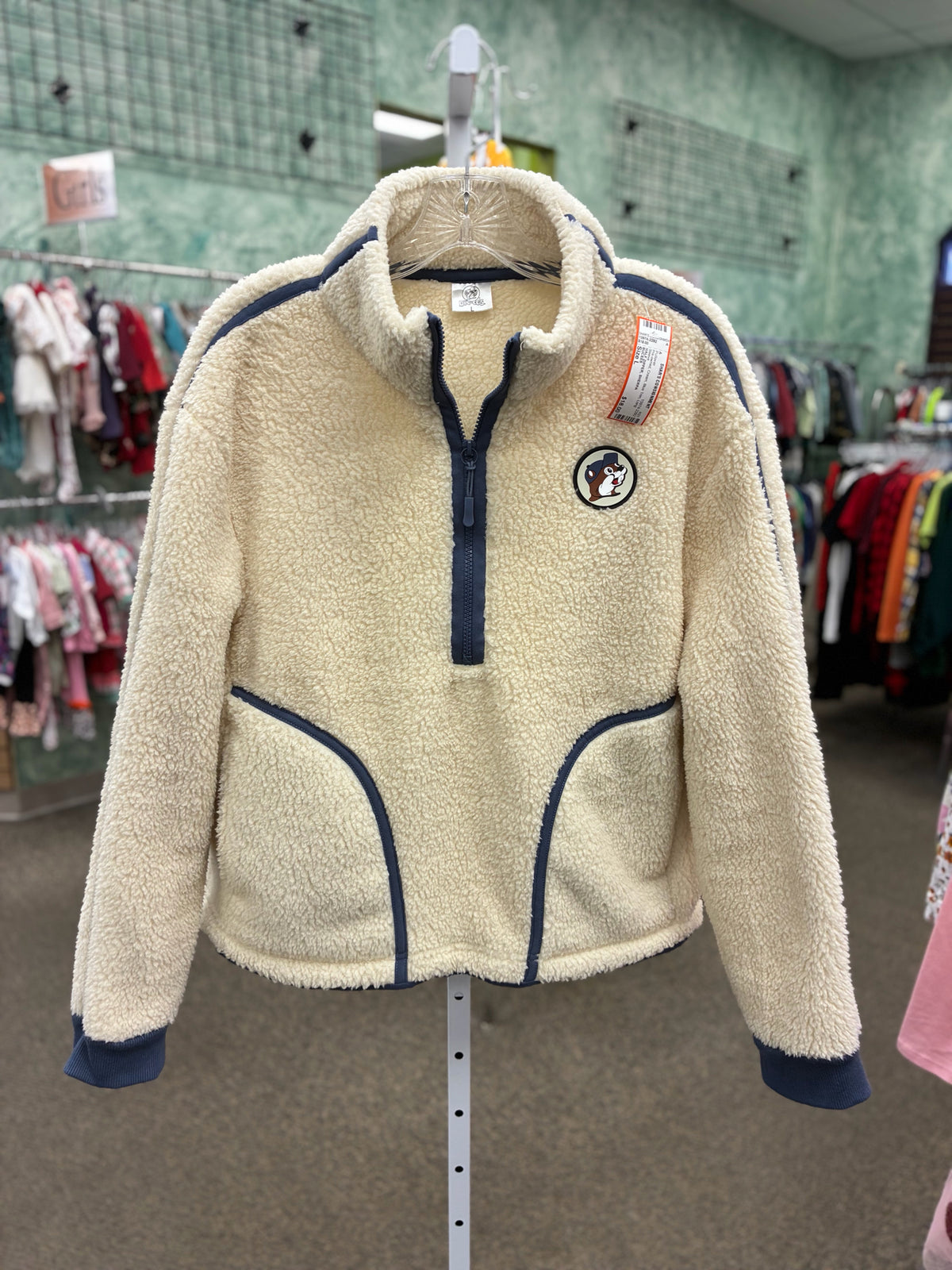 Pre-owned BUCEES Cream Blue Trim Size L Long Sleeve Pullover