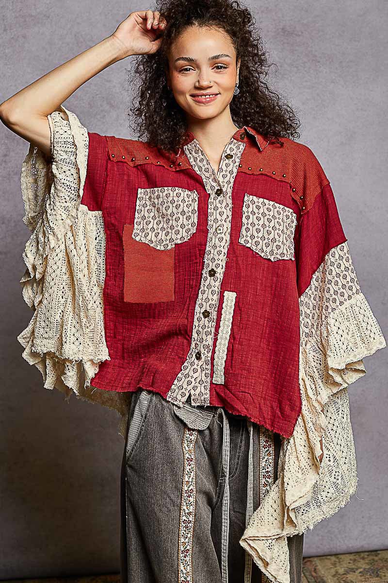 New POL Wine Cream Trim Size M/L Quarter Sleeve Blouse