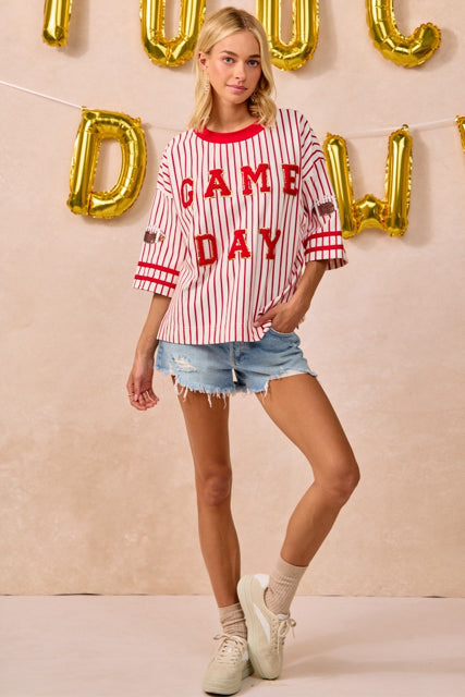 New BIBI Red White Stripe Size S Short Sleeve Blouse