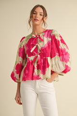 New JODIFL Dark pink Cream Print Size S Quarter Sleeve Blouse
