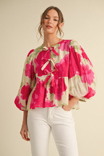 New JODIFL Dark pink Cream Print Size S Quarter Sleeve Blouse