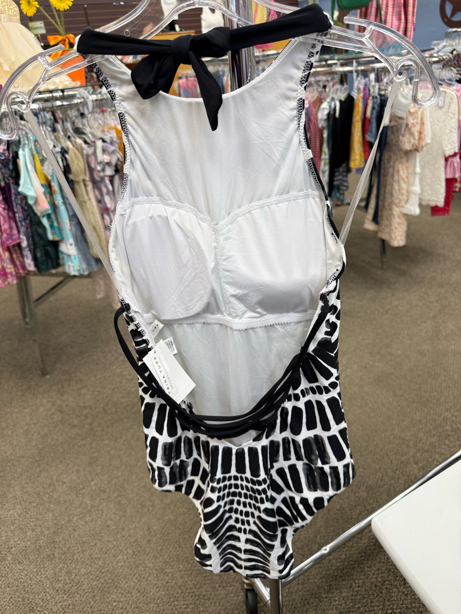 New with Tag TRINA TURK Black Print White Size: XL Designer Swimsuit