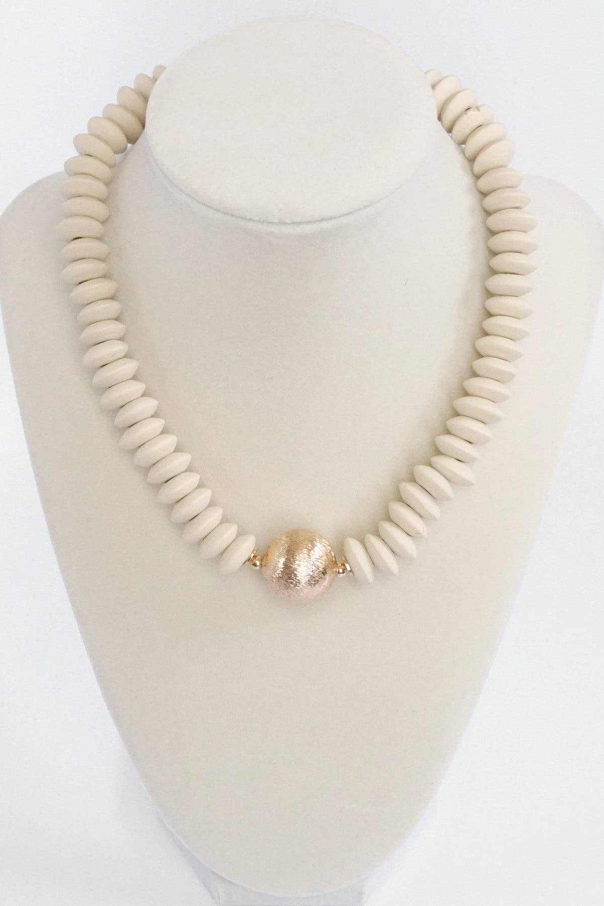 Wood Saucer Beads Short Statement Necklace Gold center Hot Pink Beige Turquoise: Black