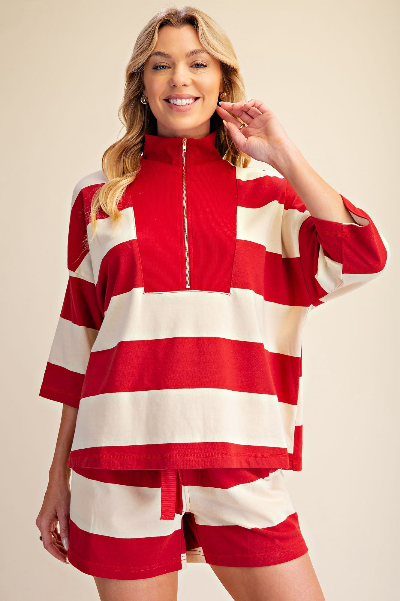 New GLAM Red stripe Cream Dr Size S Short Sleeve ShortSet