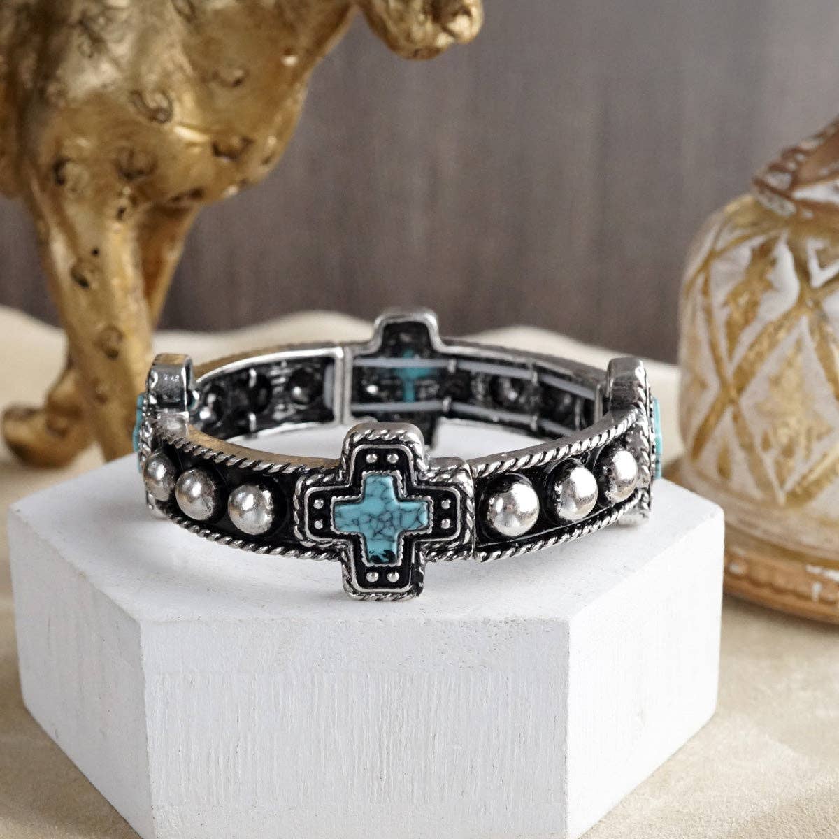 Desert Song – Boho Western Stretch Bangles with Turquoise: Cross