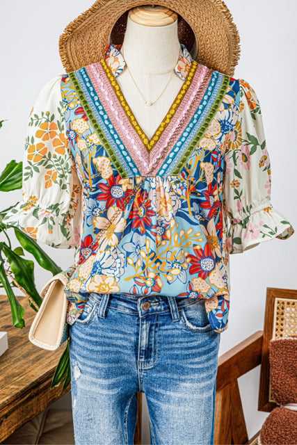 New FW Blue floral Multi Size M Short Sleeve Blouse