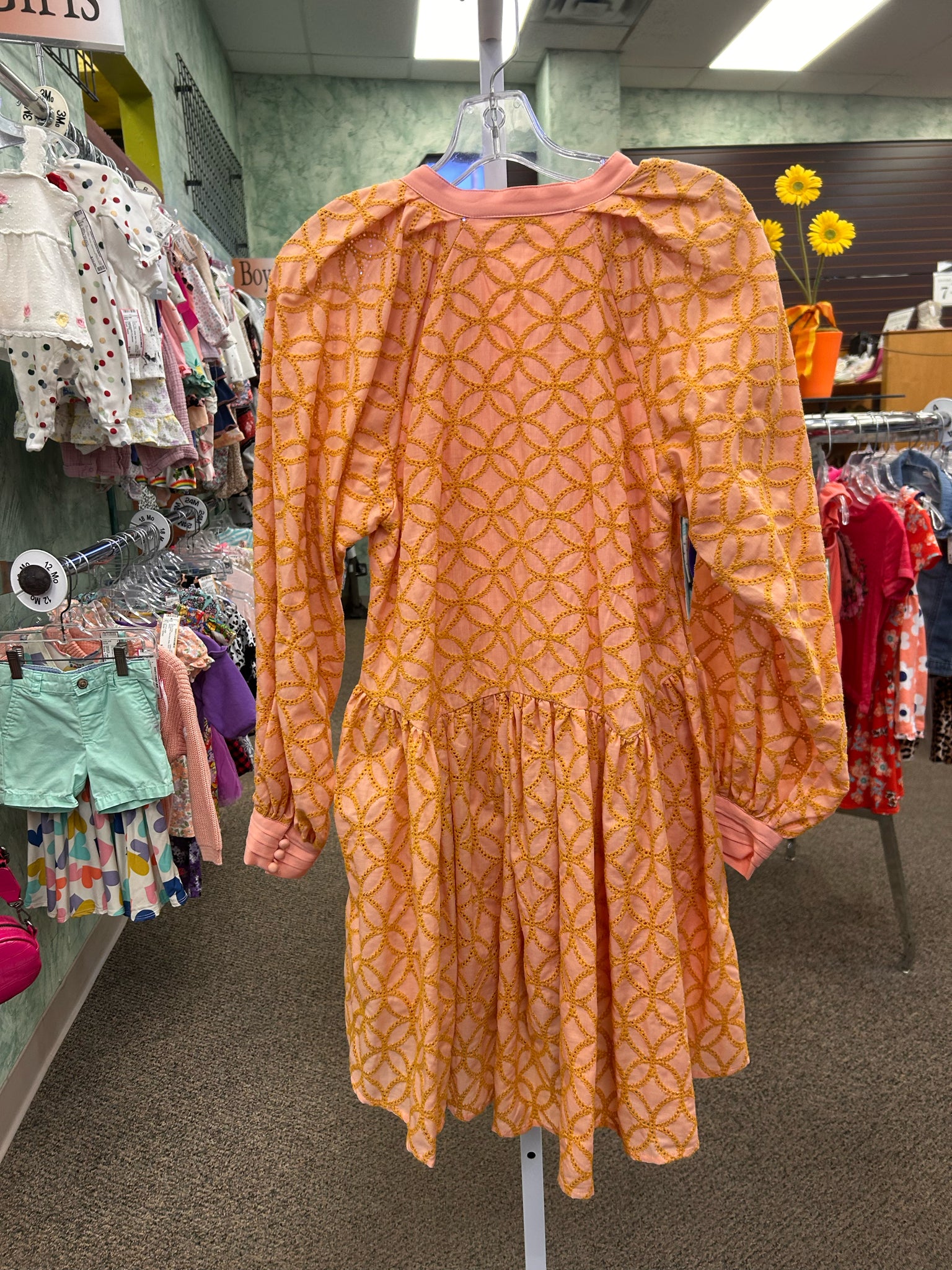 Pre-owned roiii Peach Orange Print Size 4 Long Sleeve Dress