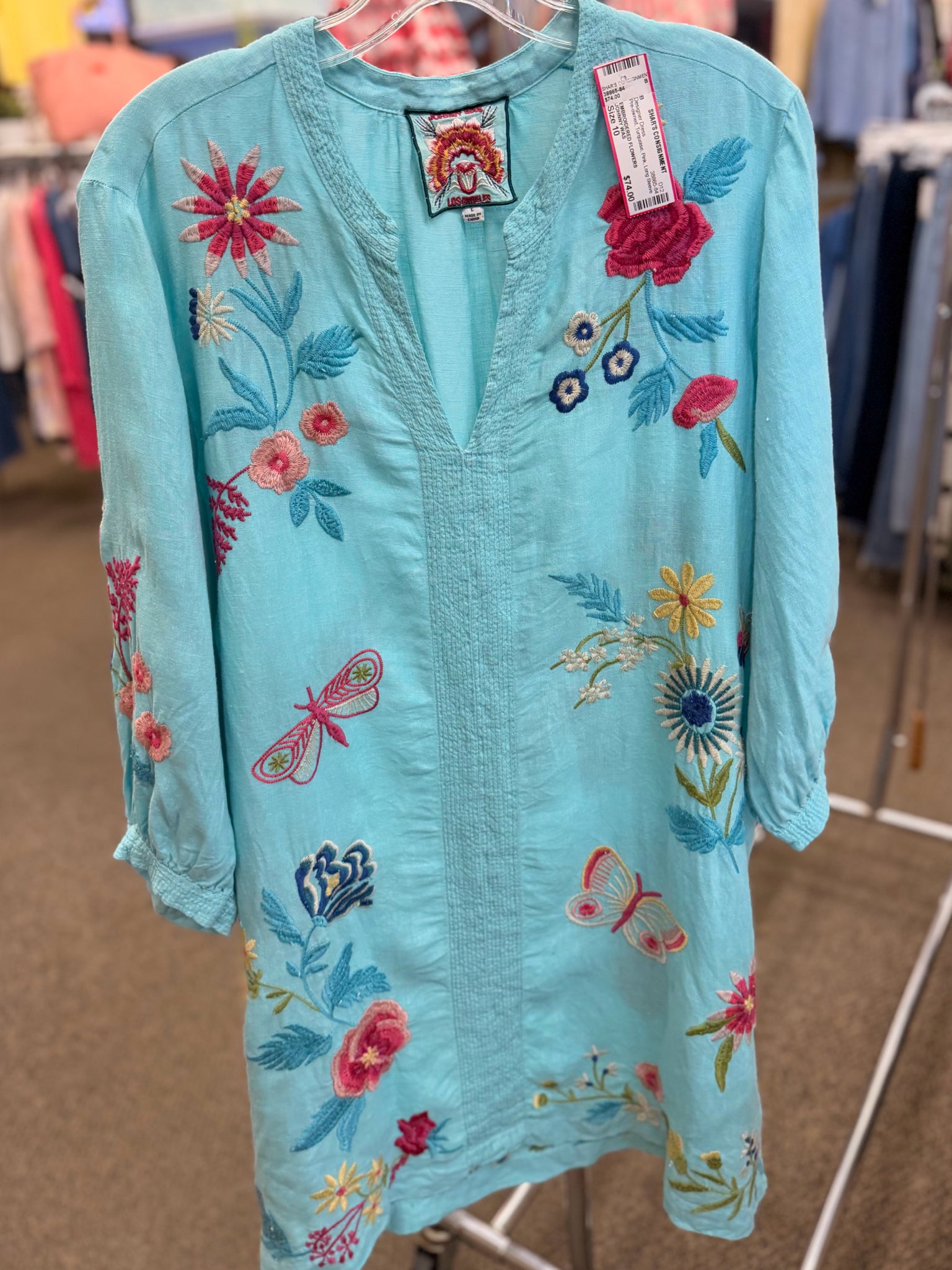 Pre-owned JOHNNY WAS Turquoise Pink Size 10 Long Sleeve Designer Dress