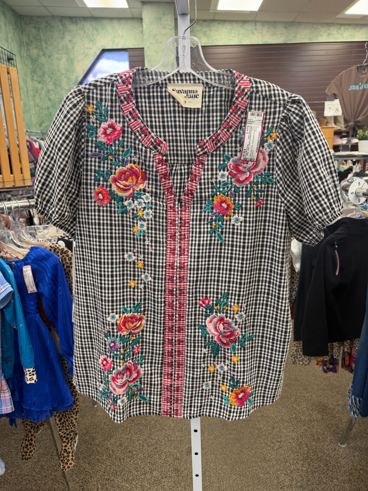 Pre-owned SAVANNA JANE Black plaid Teal Floral Size: S Short Sleeve Blouse