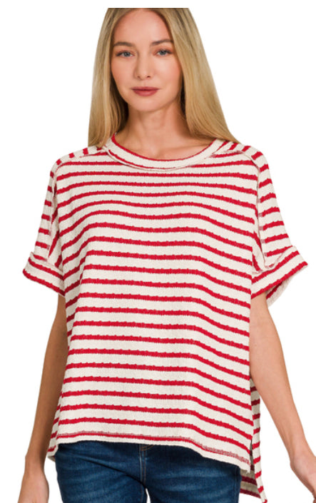 New Zenana Red stripe White Size M/L Short Sleeve Blouse