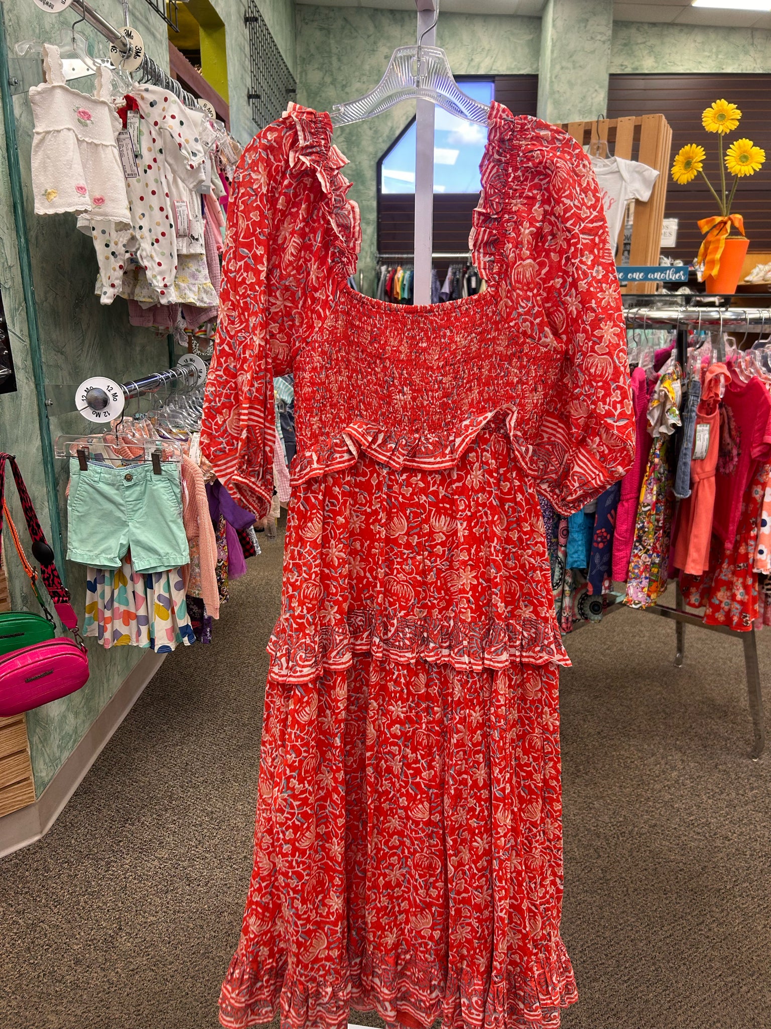 Pre-owned CLEOBELLA Red Cream Print Size 6 Long Sleeve Designer Dress