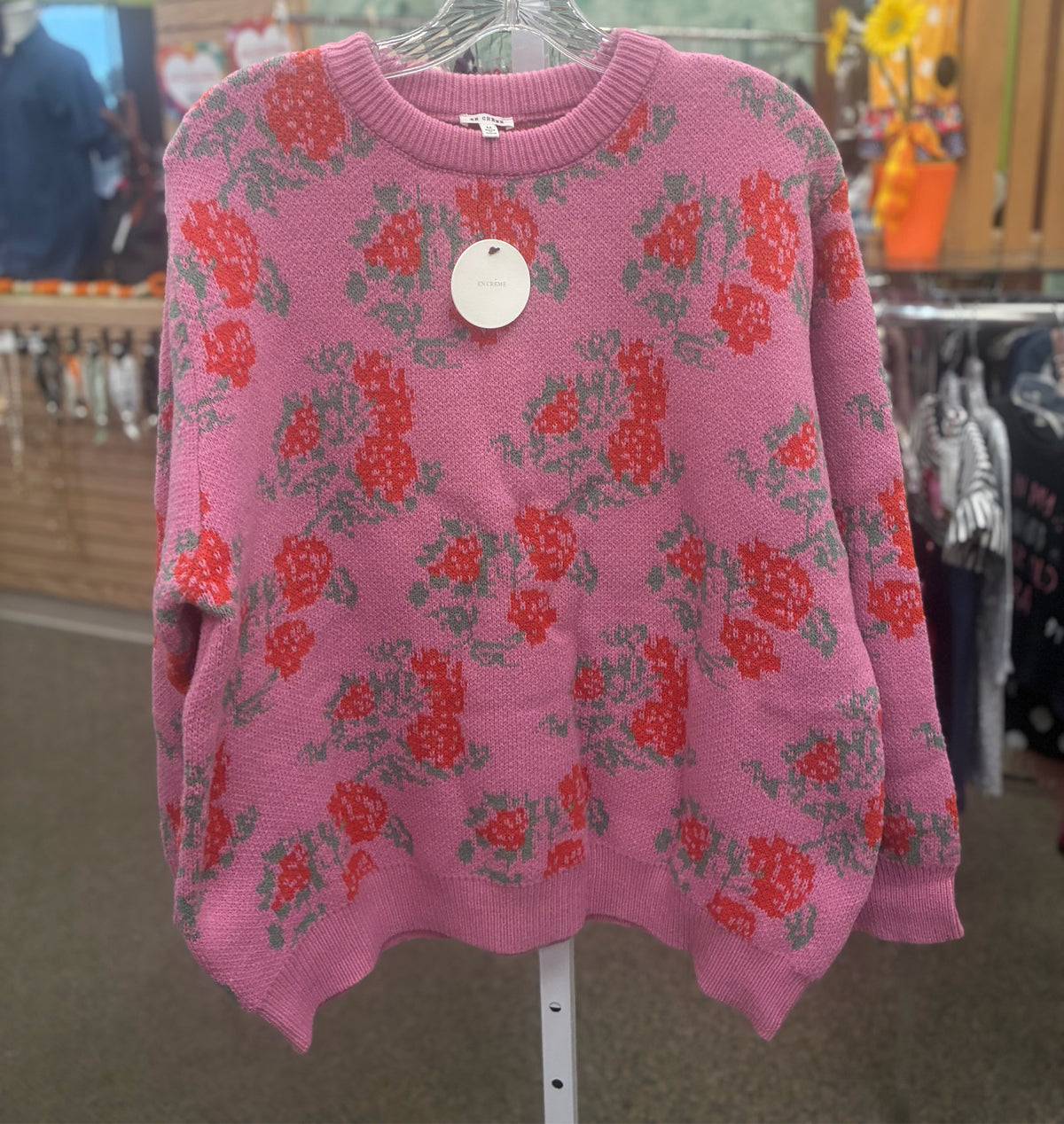New with Tag EN CREME Pink Red Floral Size M Long Sleeve Sweater