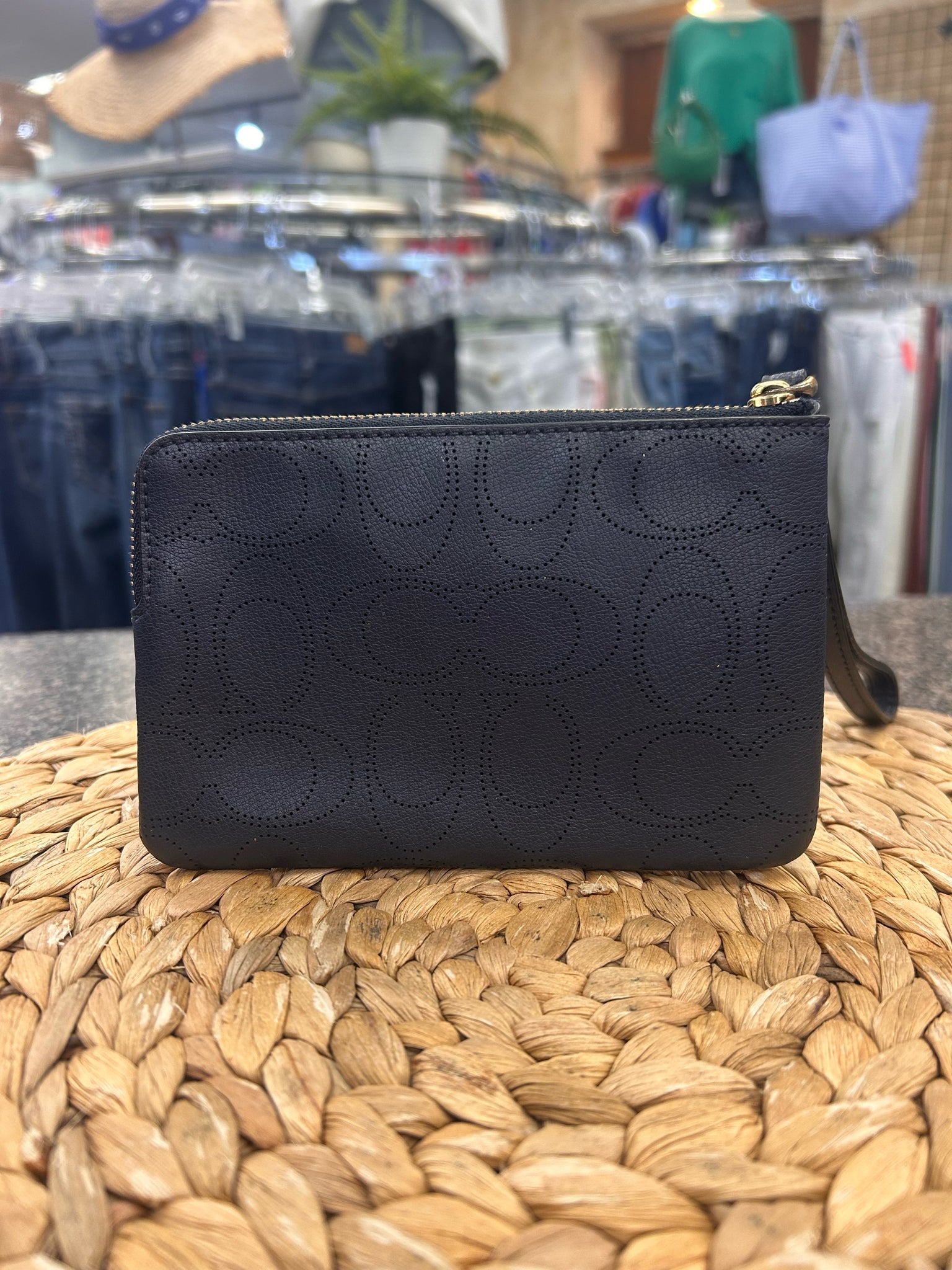 Pre-owned COACH Navy Signature Gold Trim WALLET SIZE X Small Wallet
