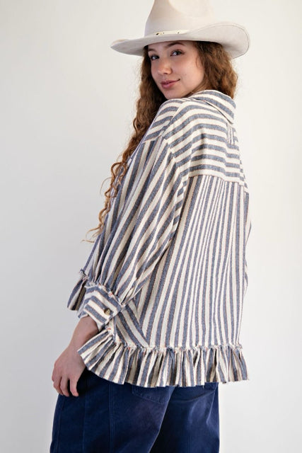 New EASEL Denim Cream Stripe Size S Quarter Sleeve Blouse